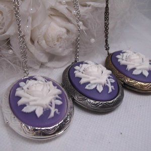 Locket Lavender & White Rose Cameo Locket Necklace